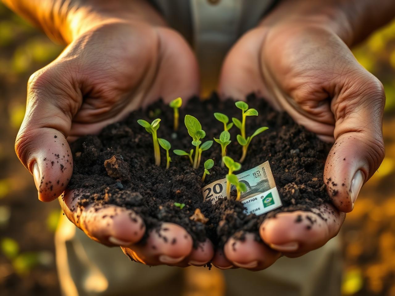 Mãos de produtor rural segurando solo com brotos verdes e uma nota de dinheiro
